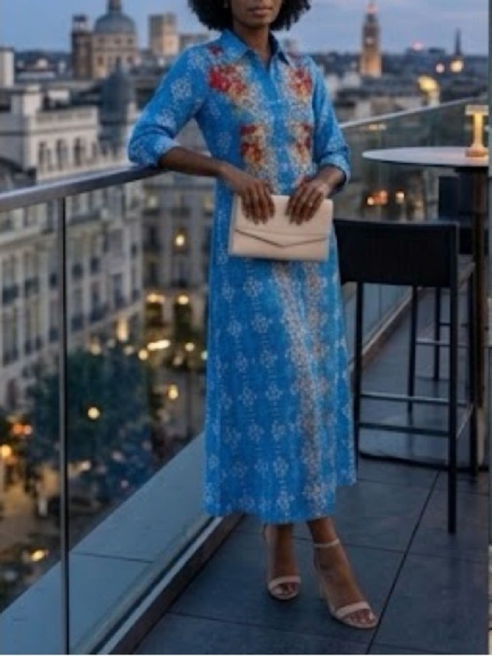 Resort wear Blue Boho Floral Maxi Dress Button Front Embroidered poolside